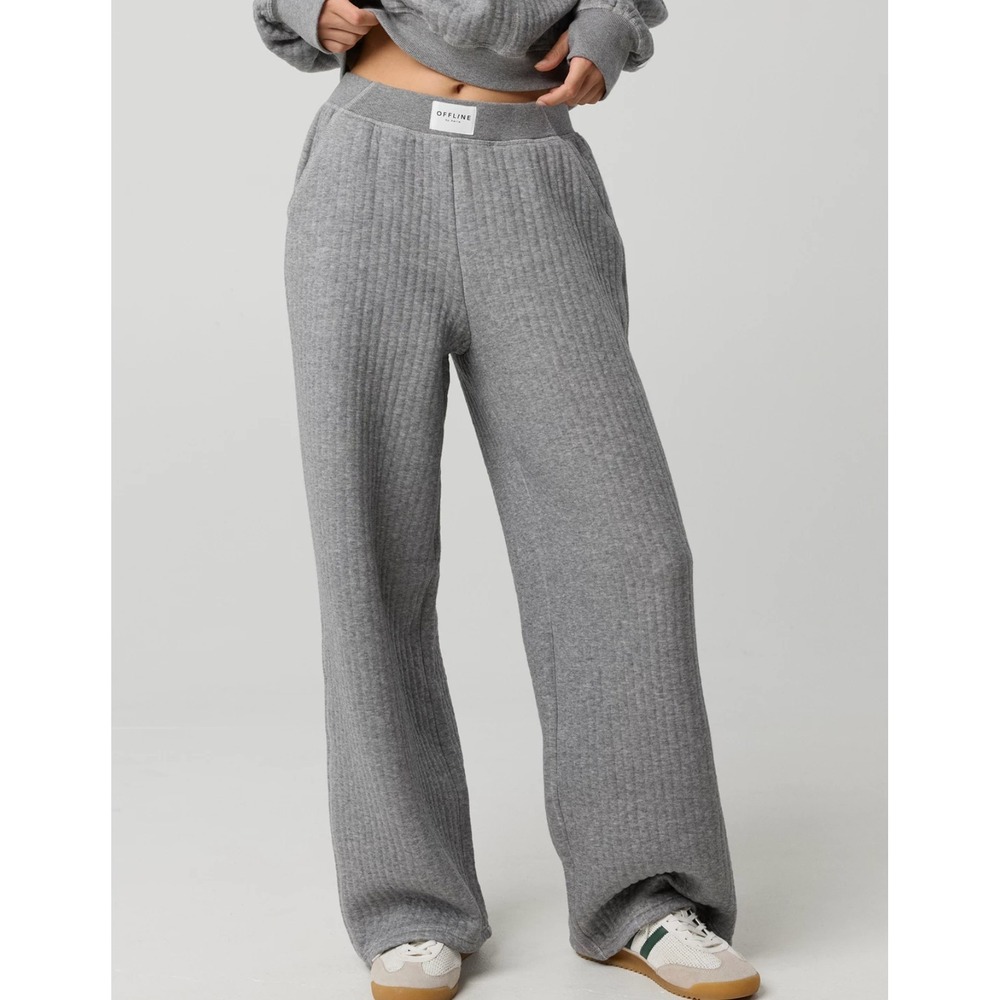 OFFLINE By Aerie Coffee Run Trouser Gray Small Long Quilted Wide Leg Pants